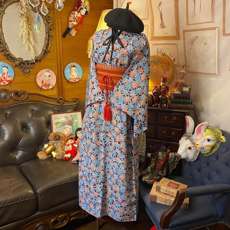 【美品】　着物　リメイクドレス　ワンピース 和洋折衷 着物 リメイク ロング丈 ワンピース ドレス 洗える 化繊 帯