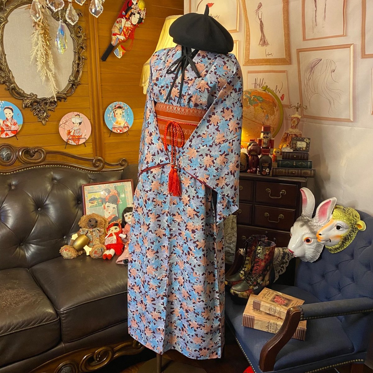 和洋折衷 着物 リメイク ロング丈 ワンピース ドレス 洗える 化繊 帯