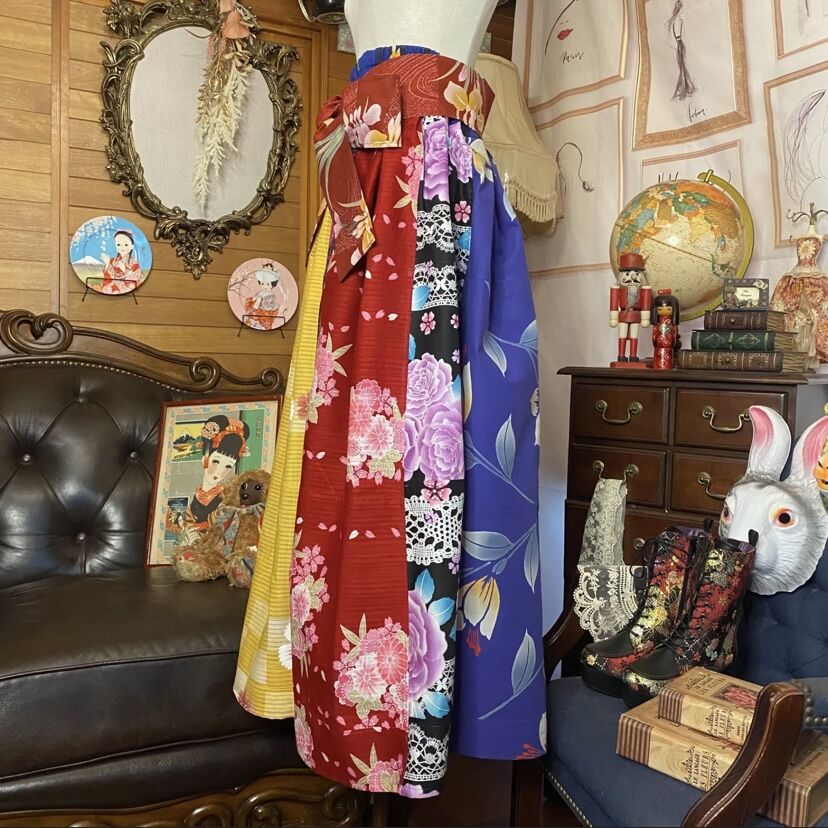和洋折衷 レトロ古着 浴衣 ハンドメイド パッチワーク リメイク 和洋折衷 レトロ古着 浴衣 ハンドメイド パッチワーク リメイク