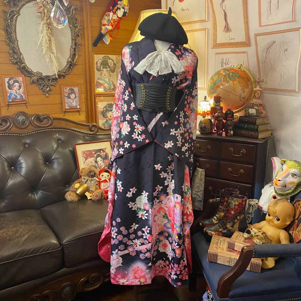 振袖お着物リメイクロングドレスロングワンピース小袖付きハンドメイド