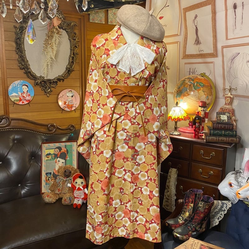 和洋折衷 レトロ 古着 洗える 化繊 着物 和 モダン ハンドメイド