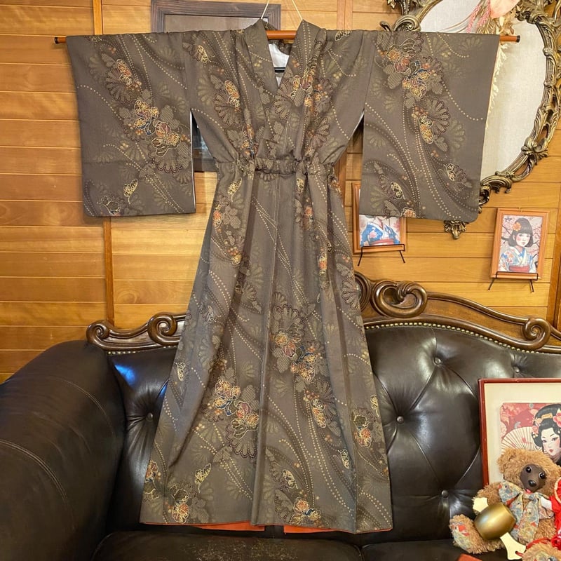 着物リメイク ロング ワンピース ドレス 洗える 化繊 名古屋帯サッシュ