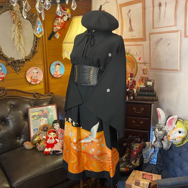 和洋折衷 黒留袖 着物 リメイク ワンピース ドレス 洗える 化繊