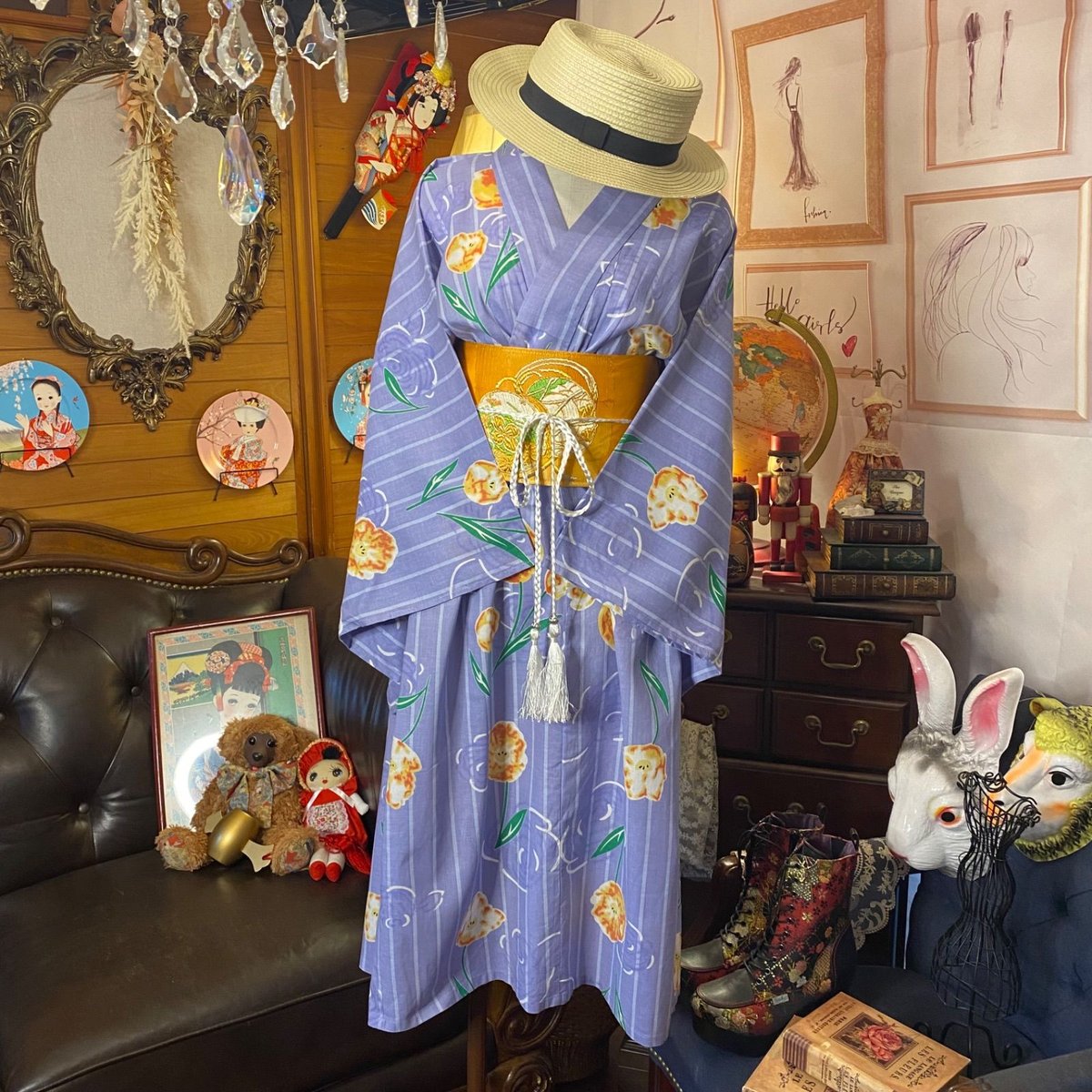 和洋折衷 浴衣 リメイク ワンピース ドレス 名古屋帯サッシュベルト  