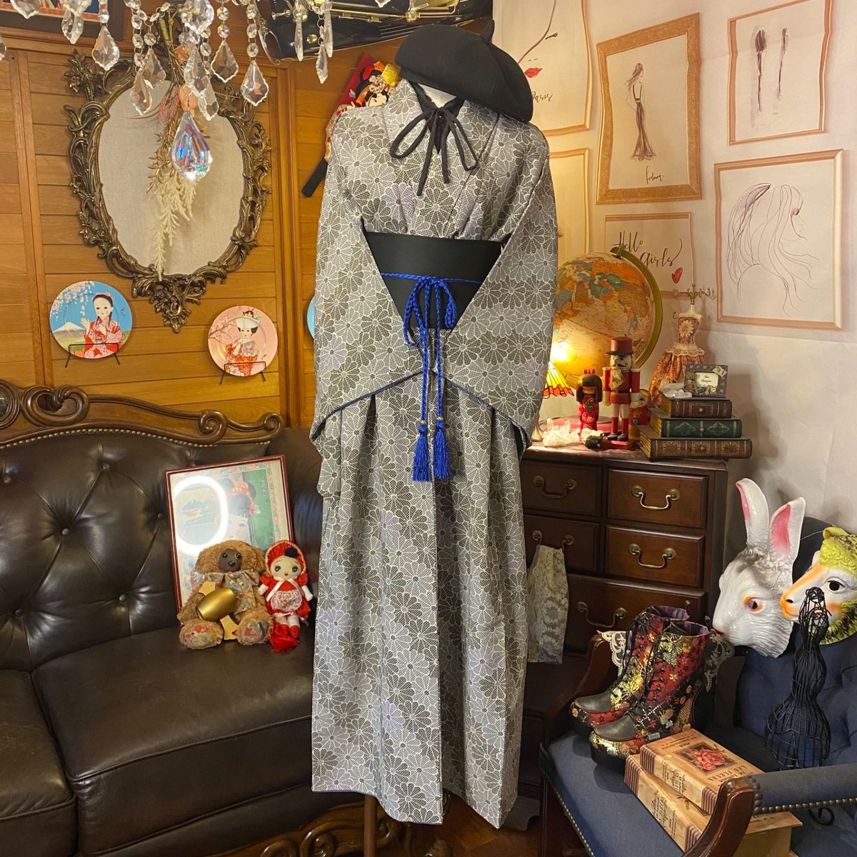 和洋折衷 着物 リメイク ワンピース ドレス サッシュベルト 洗える  
