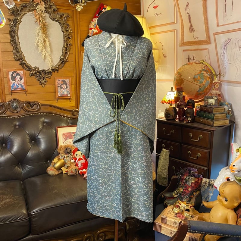 着物リメイク ワンピース ドレス 帯サッシュベルト付き 和洋折衷  