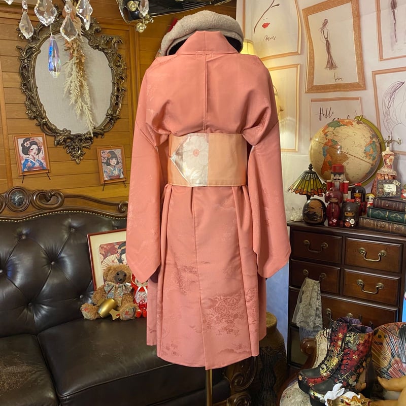 単衣着物リメイク  ミニミディワンピース／ドレス／洗える化繊 名古屋帯サッシュベルト 柿色の残像 × 舞い踊る KW-1323 色無地着物リメイク ミニミディワンピース ドレス 洗える 化繊 帯