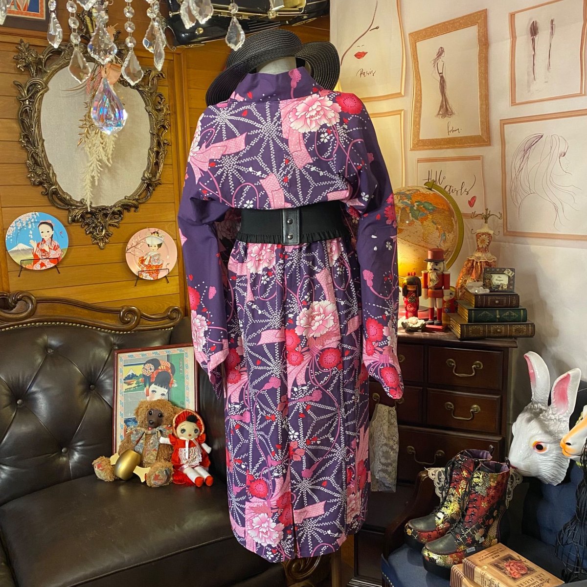 和洋折衷 浴衣 リメイク ワンピース ドレス 編み上げコルセットベルト