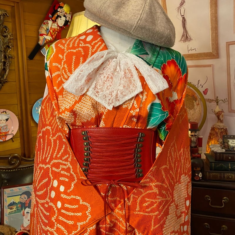 和洋折衷 絞り振袖 着物 リメイク ロング丈 ワンピース ドレス 和洋折衷 絞り振袖 着物 リメイク ロング丈 ワンピース ドレス