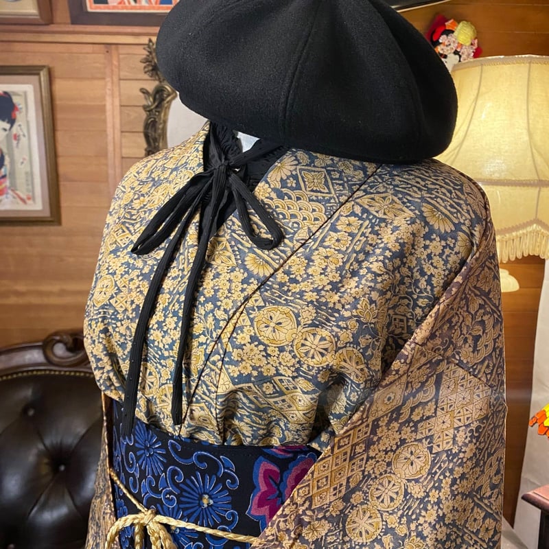和洋折衷 古着 洗える 化繊 着物 和 ハンドメイド リメイク ワンピース 