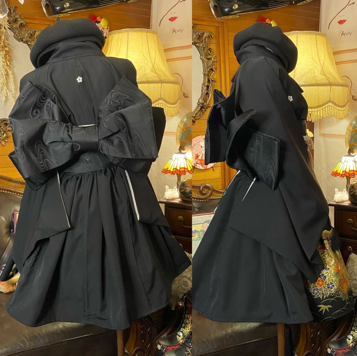 92 着物リメイク　ワンピース　黒留袖　２Way　L 　リボン付 25027 着物リメイク ワンピース 黒留袖 2Way M リボン・ボレロ付