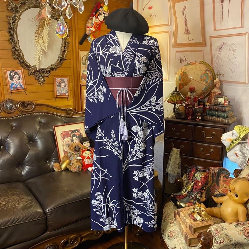 浴衣リメイク セミロング ワンピース ドレス 帯サッシュベルト 和洋