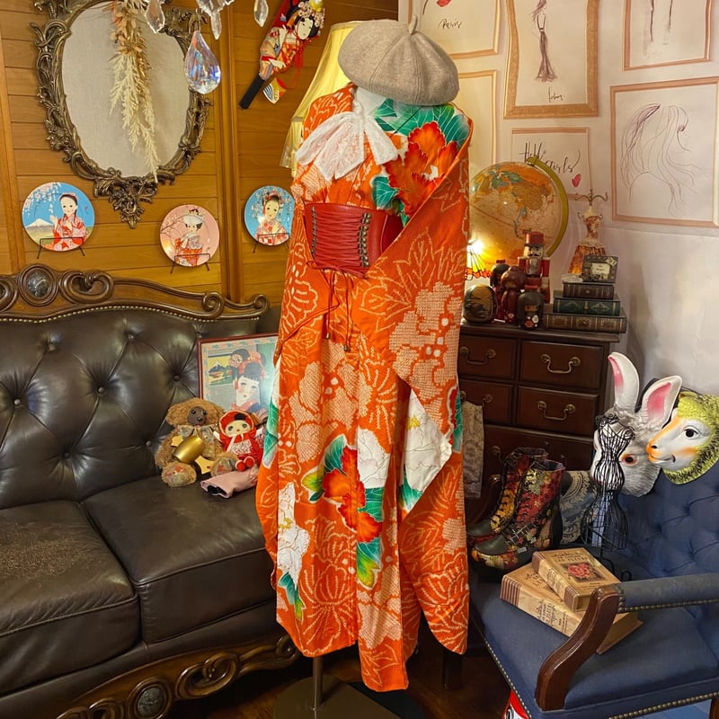 和洋折衷 絞り振袖 着物 リメイク ロング丈 ワンピース ドレス