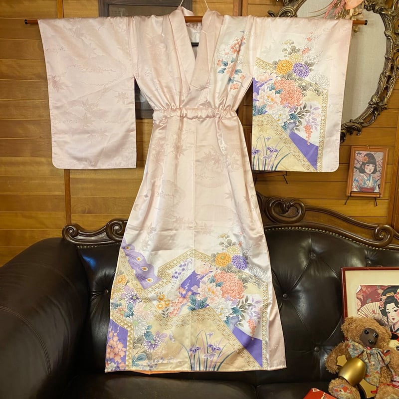 付け下げ着物リメイクワンピース ドレス ロング 洗える化繊 + 名古屋帯