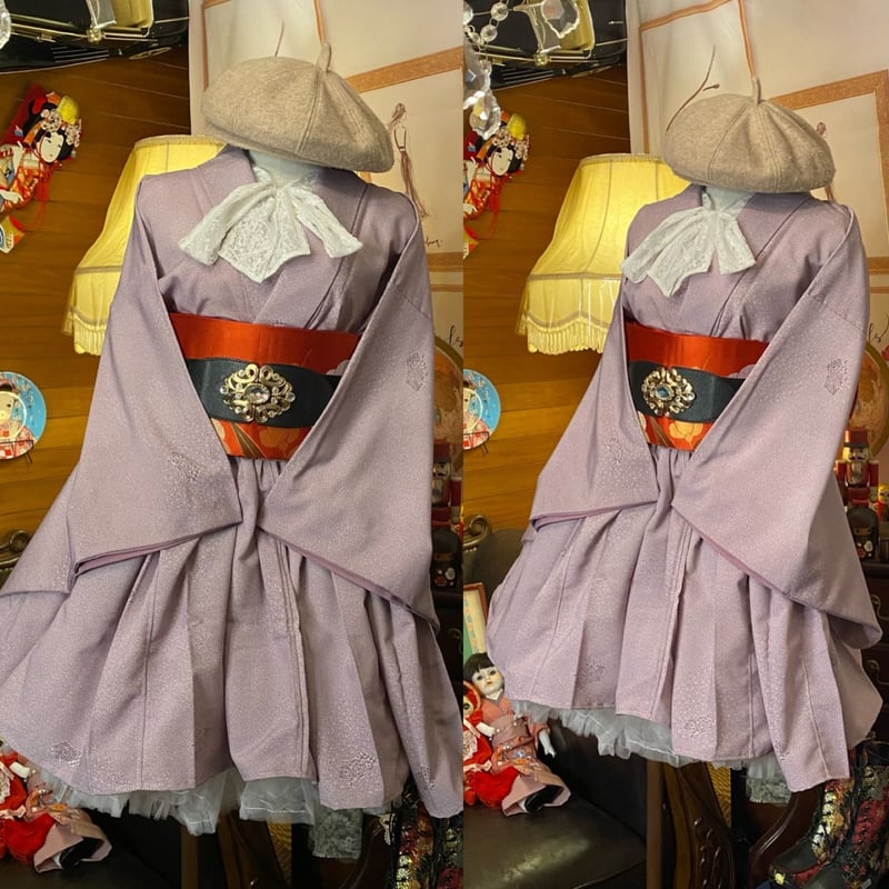 和洋折衷 単衣着物 ミニ丈 ワンピース ドレス 和ロリ 2部式作り帯 京  