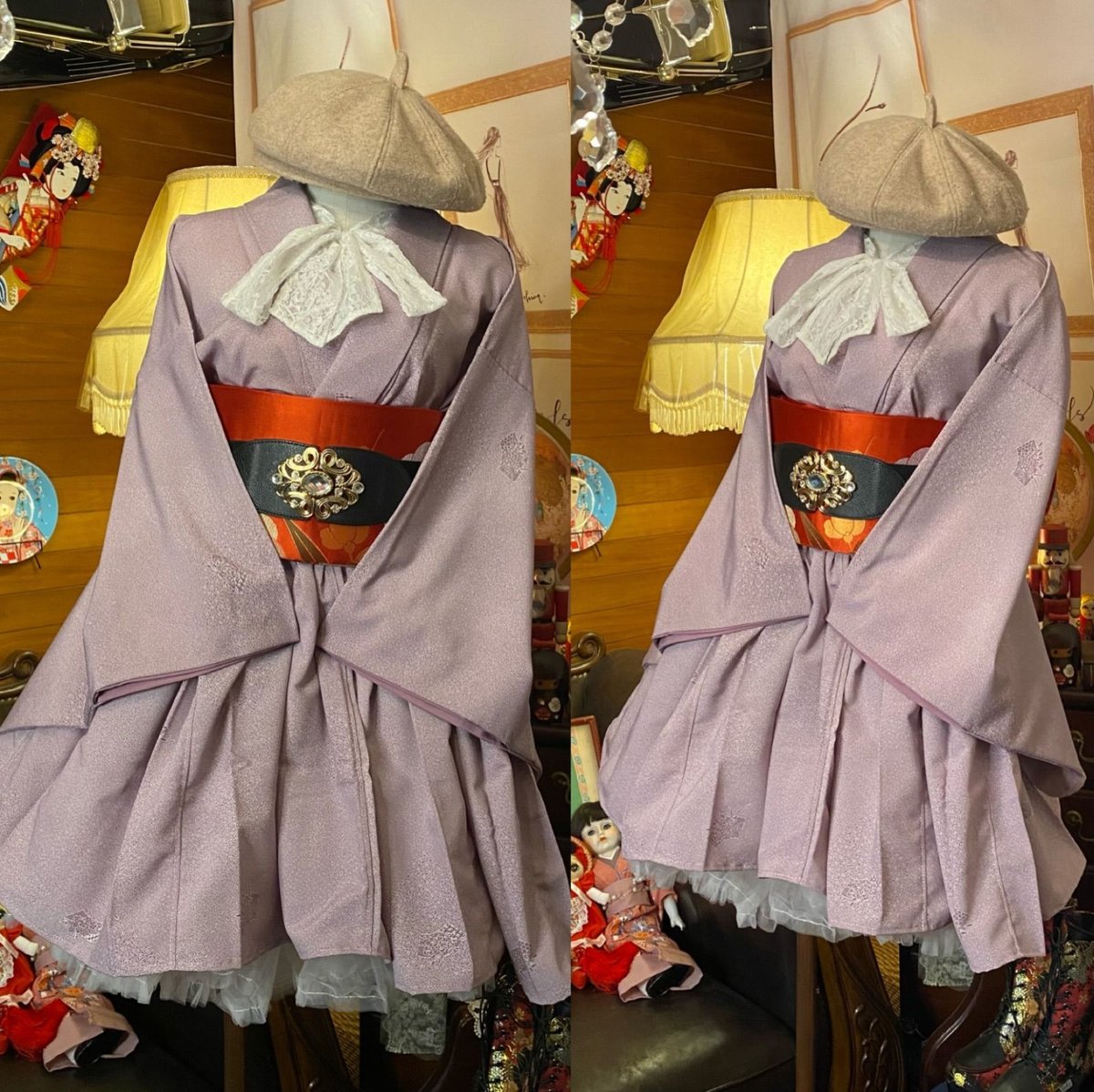 和洋折衷 単衣着物 ミニ丈 ワンピース ドレス 和ロリ 2部式作り帯 京  