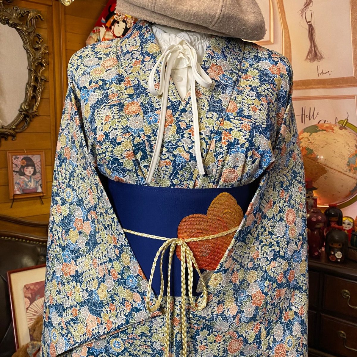 着物リメイク ワンピース ドレス 名古屋帯サッシュベルト付き 和洋折衷