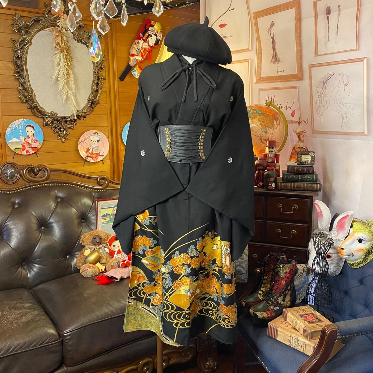 和洋折衷 黒留袖 着物 リメイク ワンピース ドレス 洗える 化繊