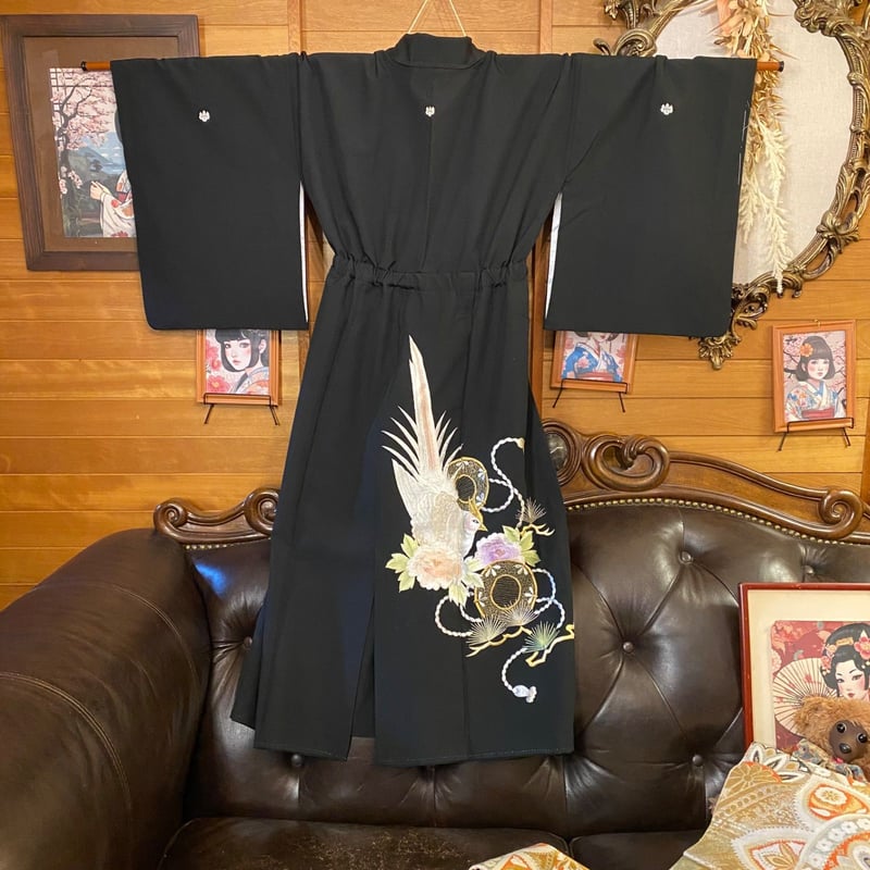 黒留袖 着物 リメイク セミロング ワンピース ドレス 洗える 化繊 二/2