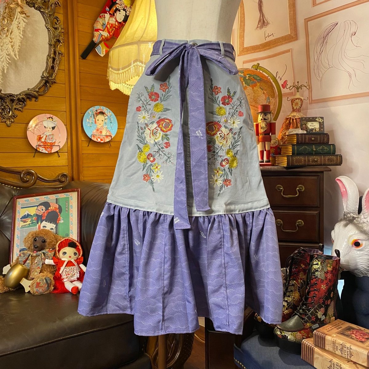 ハンドメイド 古着リメイク 異素材 ボリューム ロングスカート