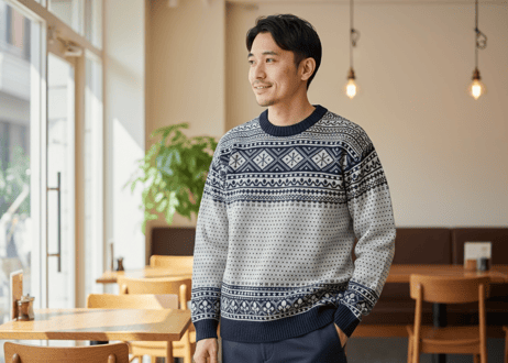日本製　カシミヤ100% 肉厚ミドルゲージ フェアアイル ジャガードセーター　ライトグレー×ネイビー