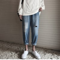 ユニセックス 九分丈ダメージデニムパンツ