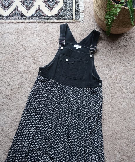 Denim and flower patterned jumper dress Made in U.S.A