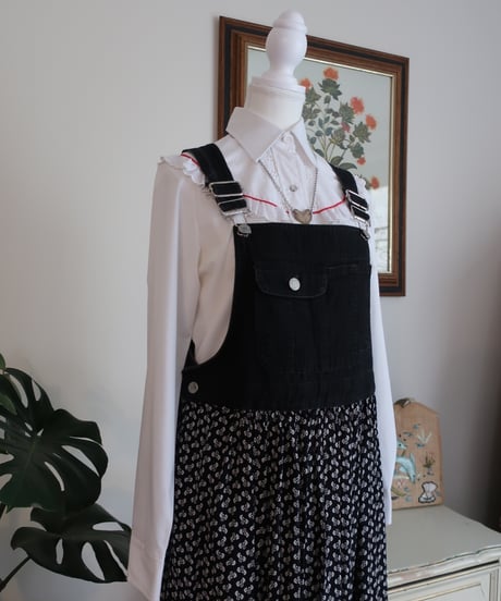 Denim and flower patterned jumper dress Made in U.S.A