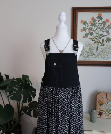 Denim and flower patterned jumper dress Made in U.S.A