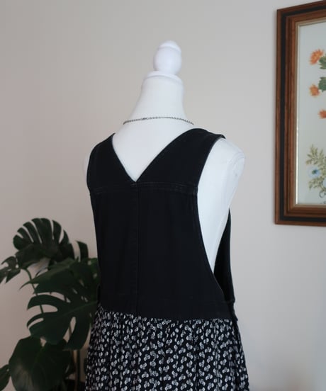 Denim and flower patterned jumper dress Made in U.S.A