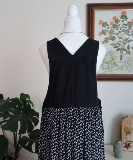 Denim and flower patterned jumper dress Made in U.S.A
