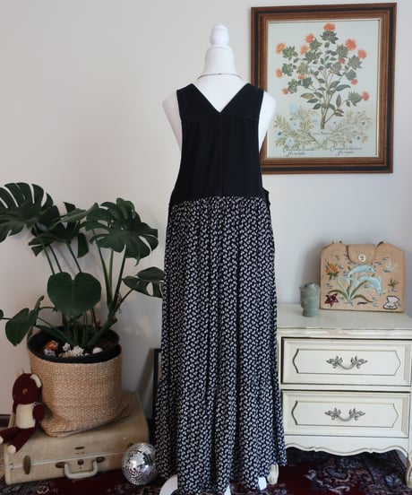 Denim and flower patterned jumper dress Made in U.S.A