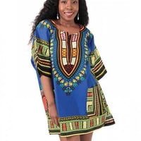 Blue　ユニセックス　男女兼用　ダシキ　Dashiki　半袖シャツ　アフリカンプリント　民族衣装　 ヒッピー　hiphop
