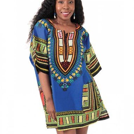 Blue　ユニセックス　男女兼用　ダシキ　Dashiki　半袖シャツ　アフリカンプリント　民族衣装　 ヒッピー　hiphop