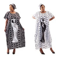 2色　Mud print　アフリカンプリント　カフタン　ワンピース　ヘッドラップ付き　Africa woman printing Kaftan 03