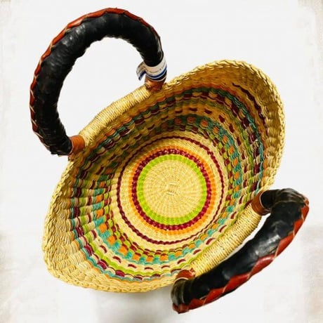 Made in Ghana　アフリカ　ガーナ　ハンドメイド　レザー　バスケット　ハンドバッグ　Africa Handmade Woven Leather Basket
