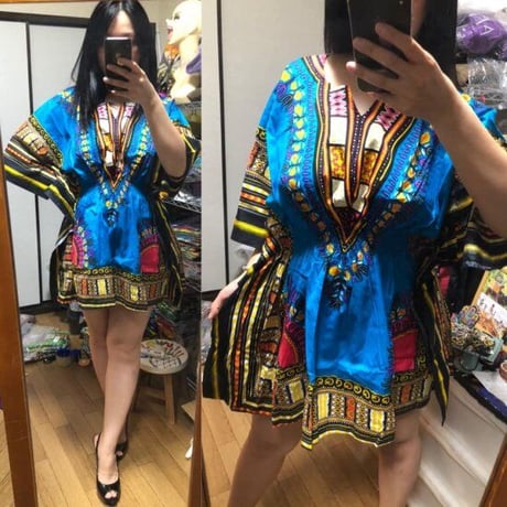 Elastic Dashiki Blue　ダシキ　半袖シャツ　アフリカ　アフリカン　民族衣装　 ヒッピー　hiphop