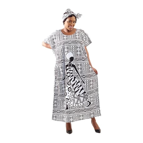 2色　Mud print　アフリカンプリント　カフタン　ワンピース　ヘッドラップ付き　Africa woman printing Kaftan 06