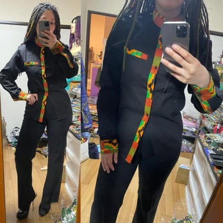 ユニセックス　アフリカンプリント　ブラック　ケンテ　長袖シャツ　Kente African print Trim Dress Shirt