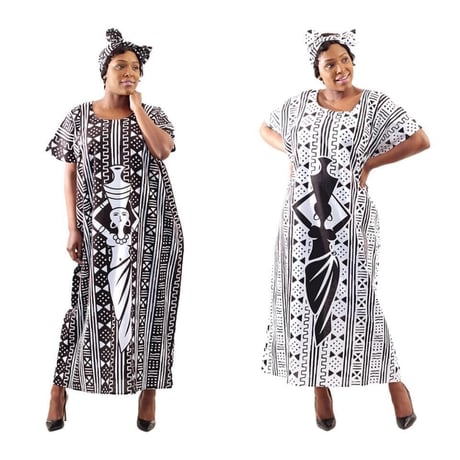 2色　Mud print　アフリカンプリント　カフタン　ワンピース　ヘッドラップ付き　Africa woman printing Kaftan 02