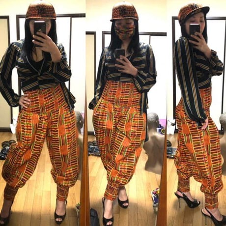 アフリカンプリント　ケンテ　エラスティック　ハーレム　パンツ　ヘッドラップ付　Africa Kente Elastic Harem pants