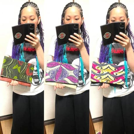 アフリカンプリント　アフリカ布　マグネットボタン　ハンドメイド　レザー　クラッチバッグ　African print leather clutch bag