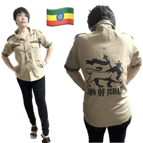 《Fair trade/売上10%を孤児院募金》エチオピア　Lion of judah　ユダのライオン　ラスタファリ　ボタンシャツ　 アフリカ　Ethiopia