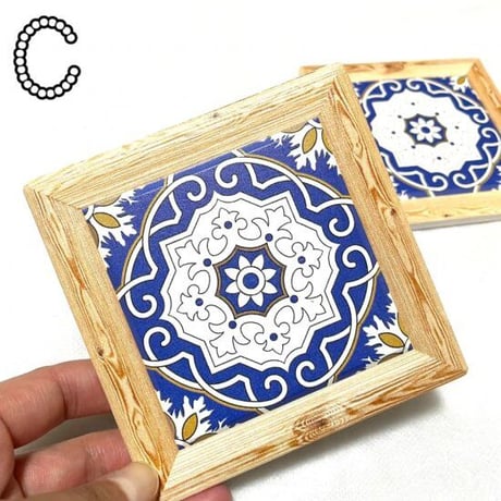 エスニック　ウッド　セラミック　タイル　コースター　スクエア型　曼荼羅　幾何学模様　Ethnic wood coaster