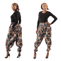 ヘッドラップ付き　アフリカンプリント　幾何学模様　ワイドパンツ　African Print Wide Leg Pants w/ Pull String