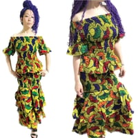 Made in Ghana　アフリカンプリント　オフショルダー　セットアップ　ワンピース　African print Yellow Flower 2-Piece Elastic Skirt Set