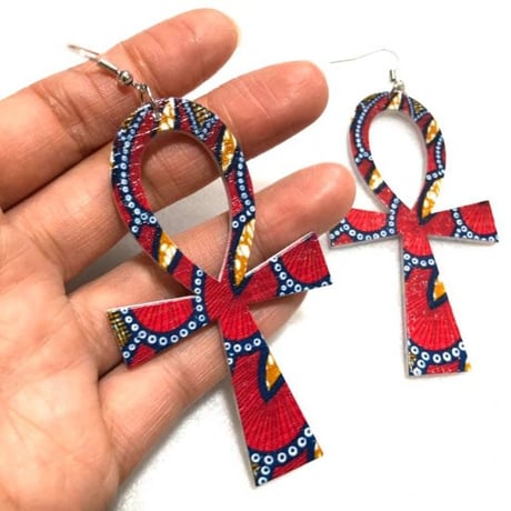 アンク×アフリカンプリント　ウッド　木製　アフリカ　エジプト　Egypt　Ankh　ピアス