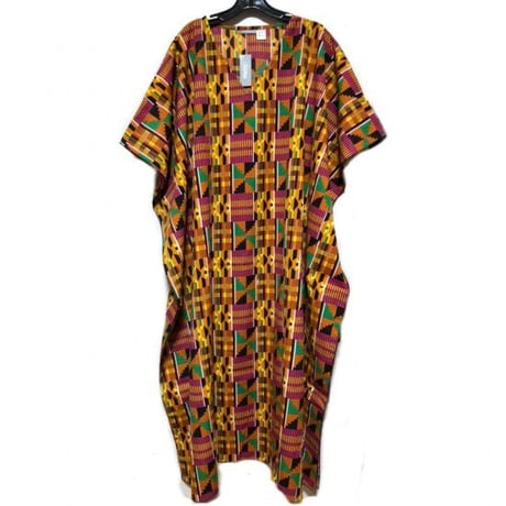 アフリカンプリント　ケンテ　Vネック　カフタン　半袖　ロングドレス　African print Kente Kaftan