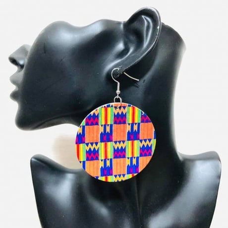 アフリカンプリント　ケンテ　木製　サークル　ウッドピアス　Africa African print Kente