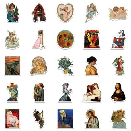 50枚セット　美術　絵画　アート　アーティスト　ゴッホ　ピカソ　モナリザ　フェルメール　マリーアントワネット　イラスト　 ステッカー シール　Art sticker